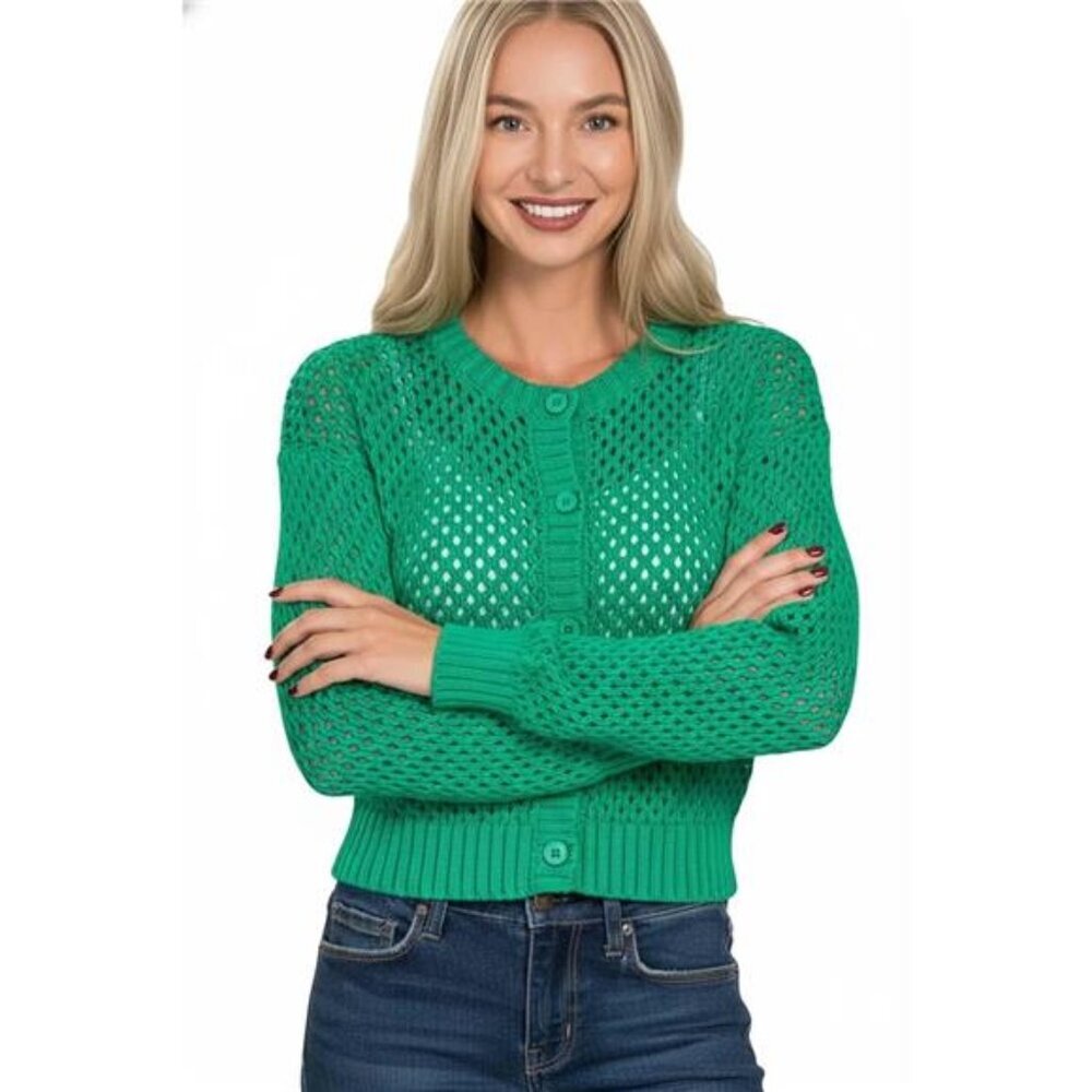 Zenana Button Down Lightweight Crochet Cardigan Sweater